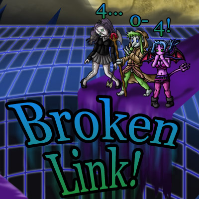 404 - File not found. A picture of a Succubus, Troll and Ragdoll terrified at the sight of a Tron-like pit in the ground.